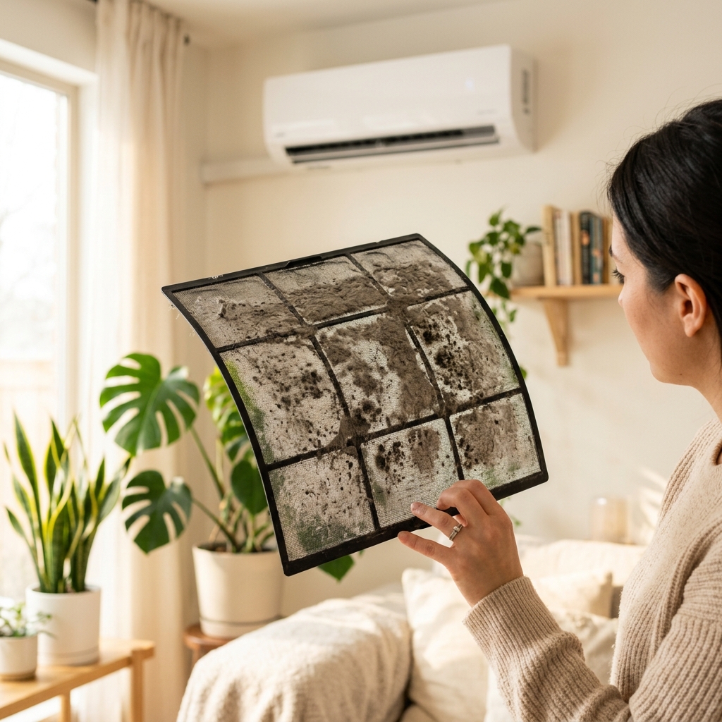 에어컨 필터에 쌓인 먼지와 곰팡이 흔적