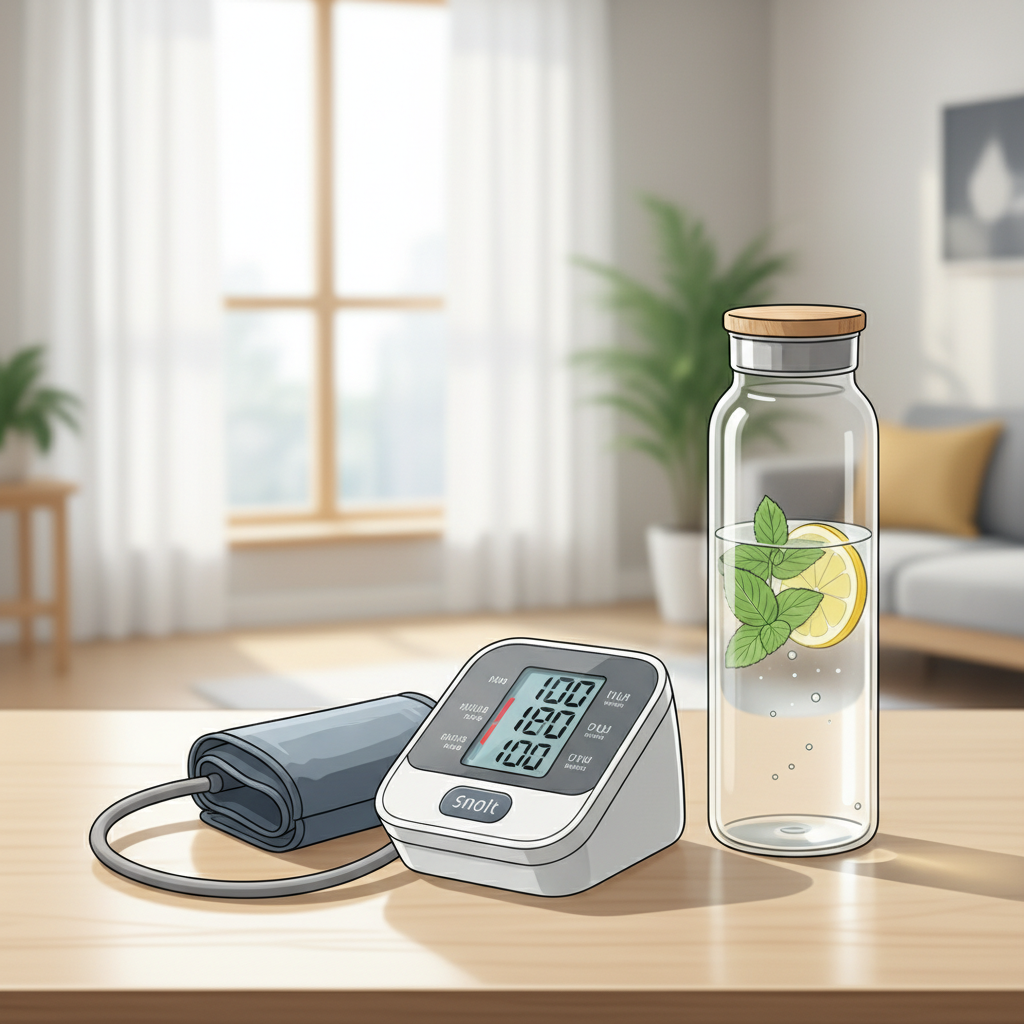 혈압계와 물병이 놓인 실내 테이블