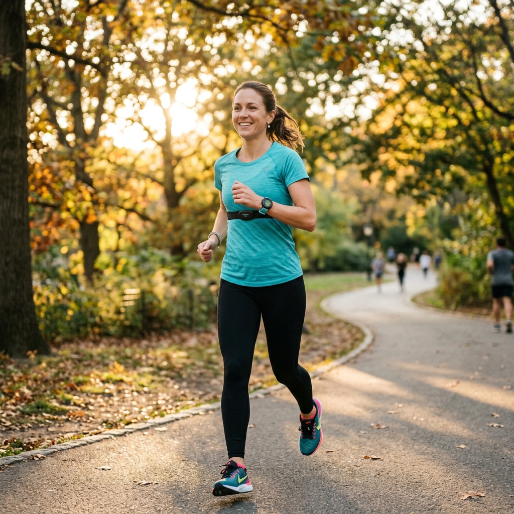 심박수 측정기를 착용하고 천천히 달리는 러너의 모습