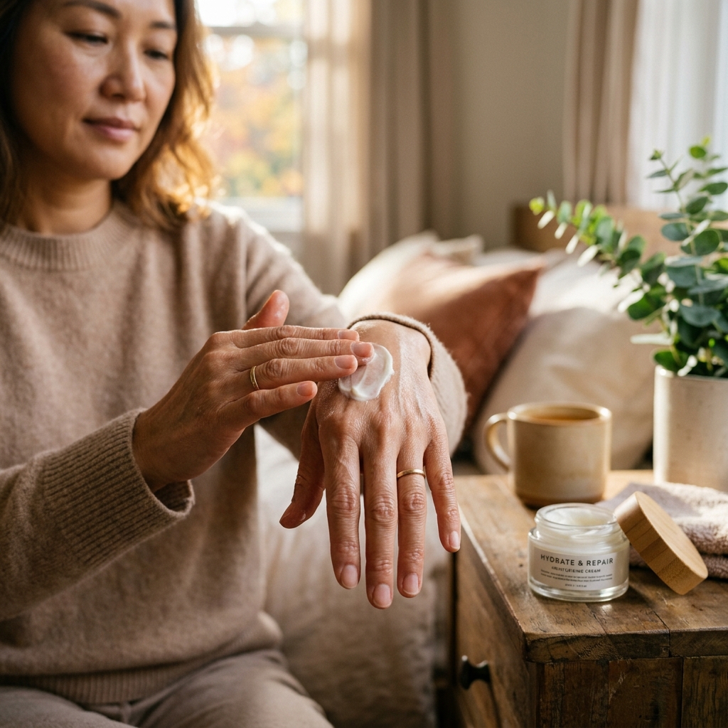 환절기 건조한 피부에 보습 크림을 바르는 40대 여성의 손