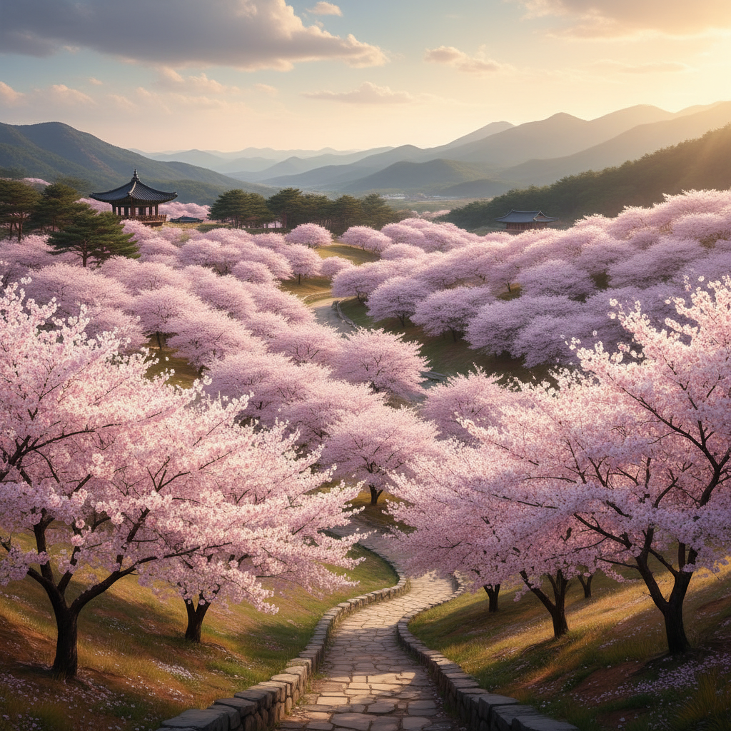 언덕을 따라 풍성하게 피어난 겹벚꽃 군락지 전경