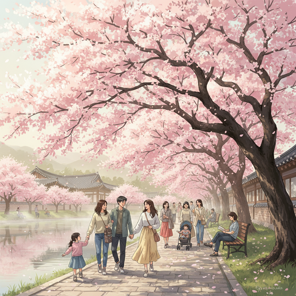 겹벚꽃 나무 아래에서 여유롭게 산책을 즐기는 사람들의 모습