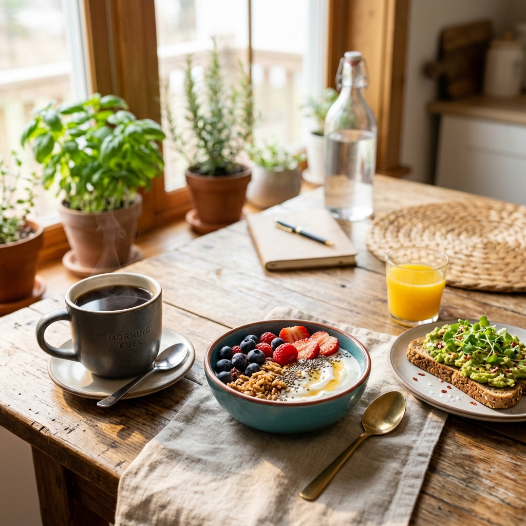 아침 식탁 위 커피잔과 간단한 아침 식사