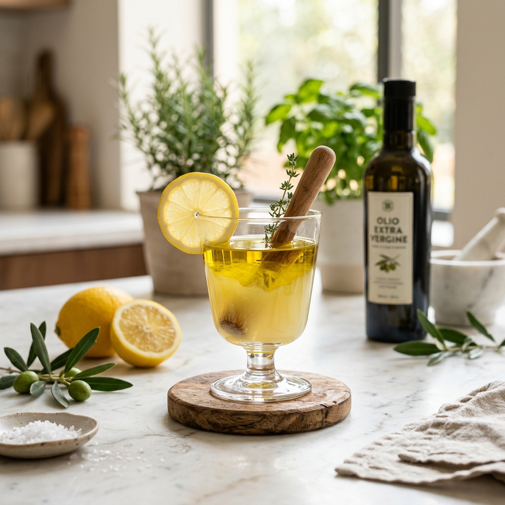 투명한 유리잔에 담긴 올리브오일과 레몬즙