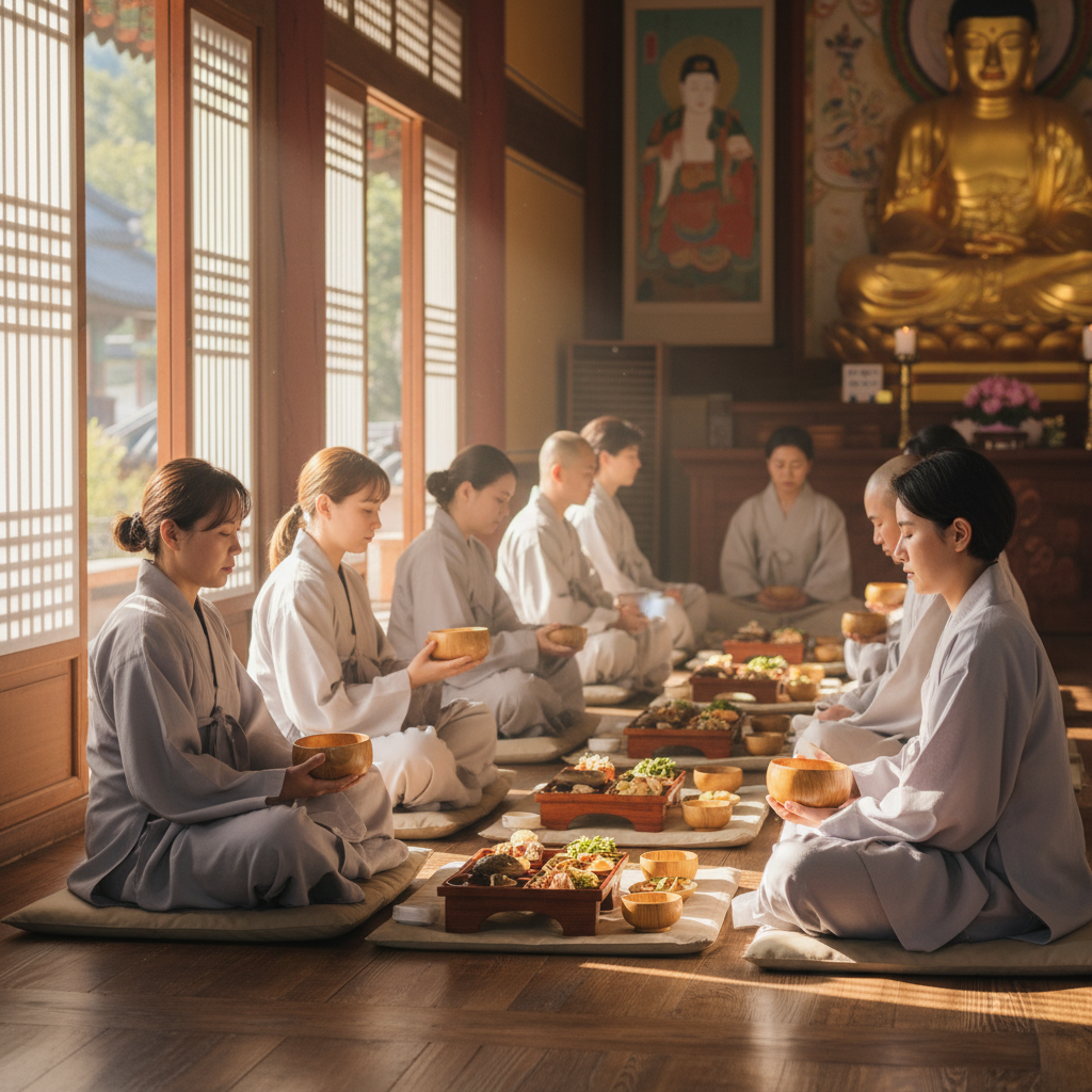 템플스테이 발우공양 또는 명상 체험 장면