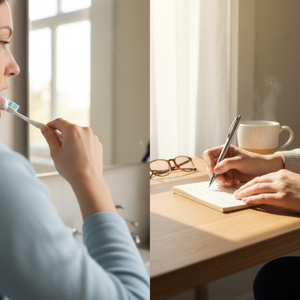 손을 바꿔 칫솔질하거나 메모하는 장면