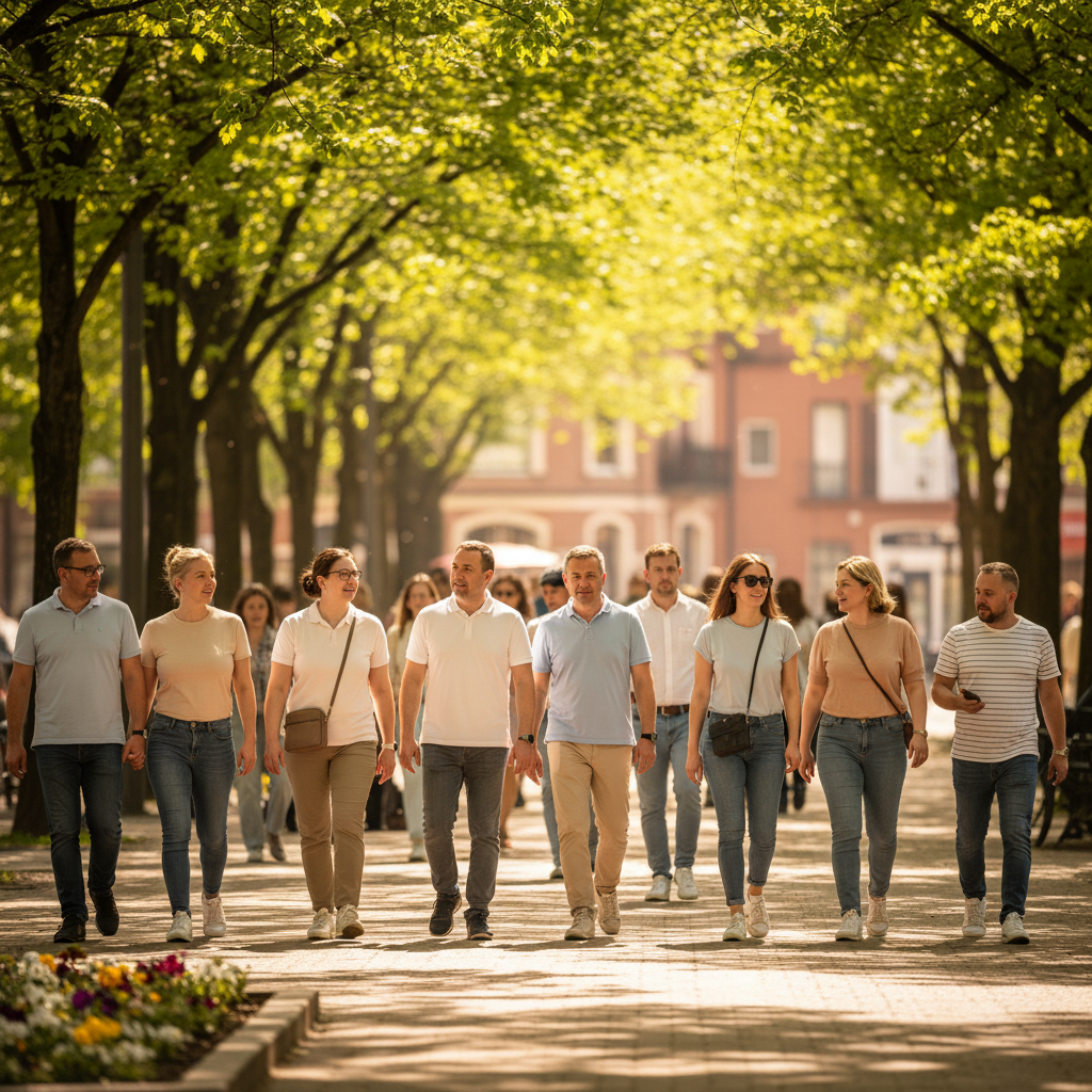 5월 말 햇살 아래 반팔 차림으로 걷는 사람들