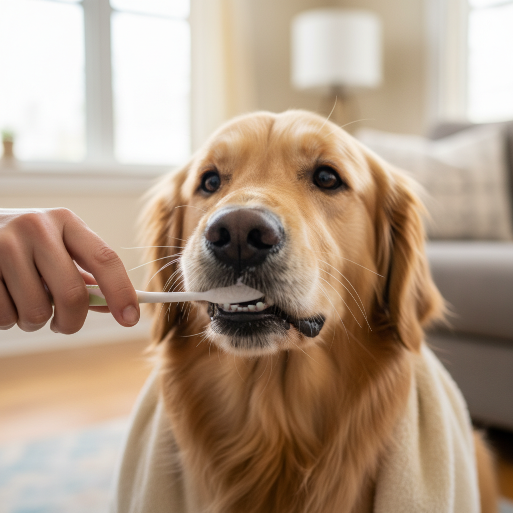 강아지 양치질 중 잇몸 확인하는 모습