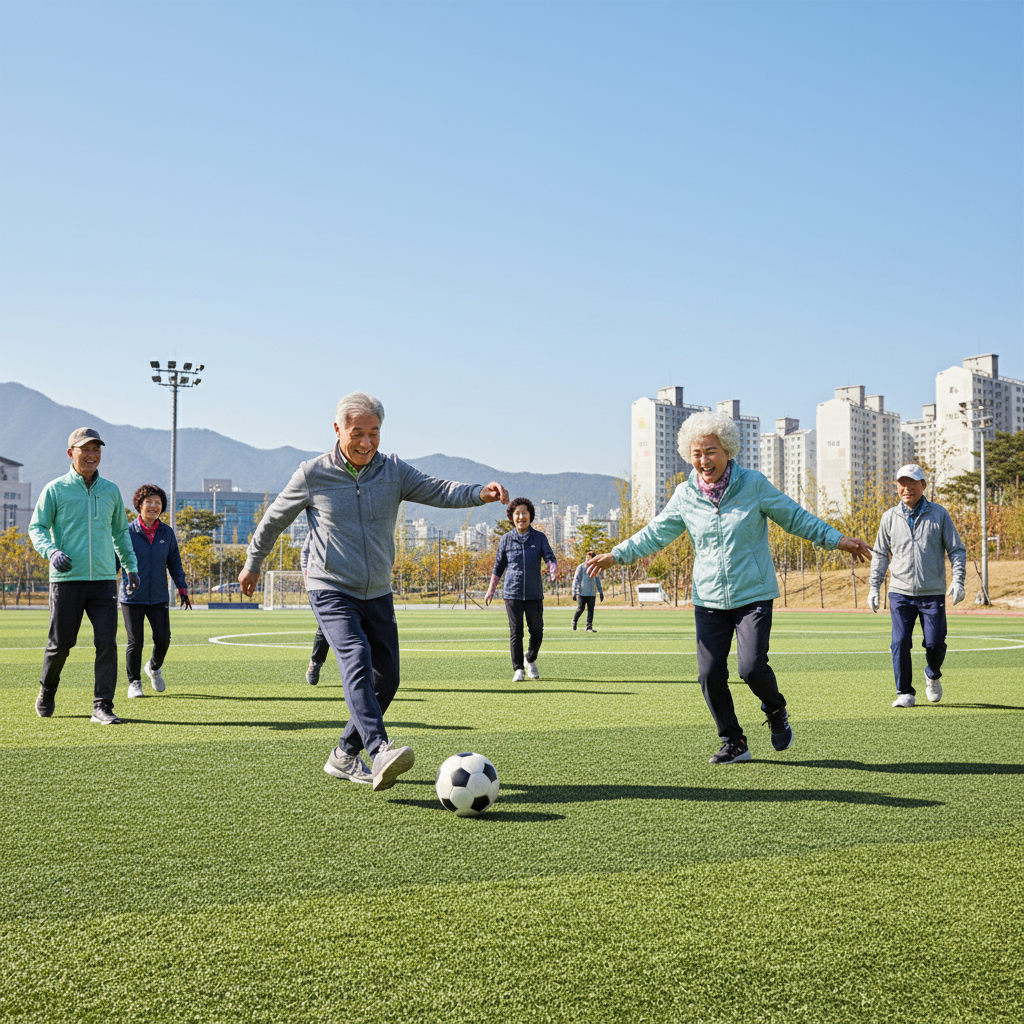 고령층이 축구공을 차며 운동하는 장면