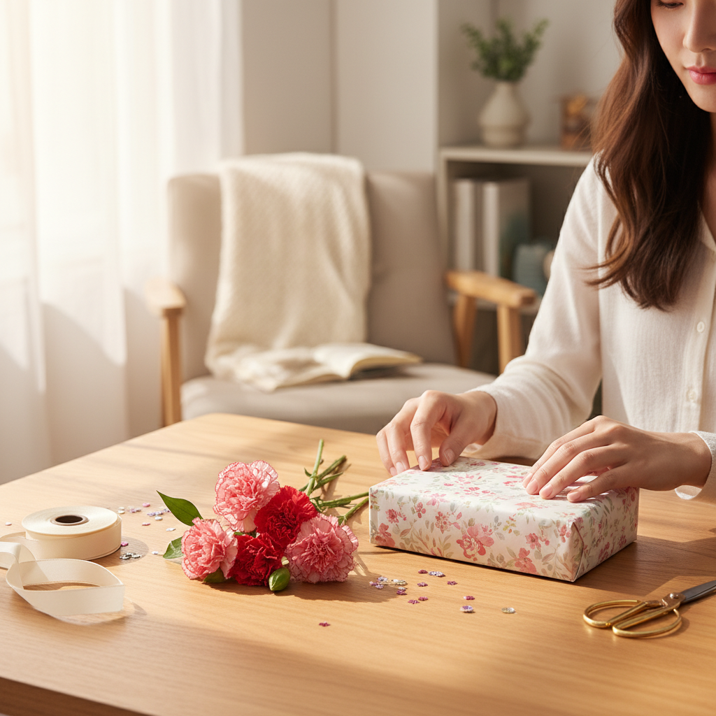 어버이날 선물 포장 장면과 카네이션