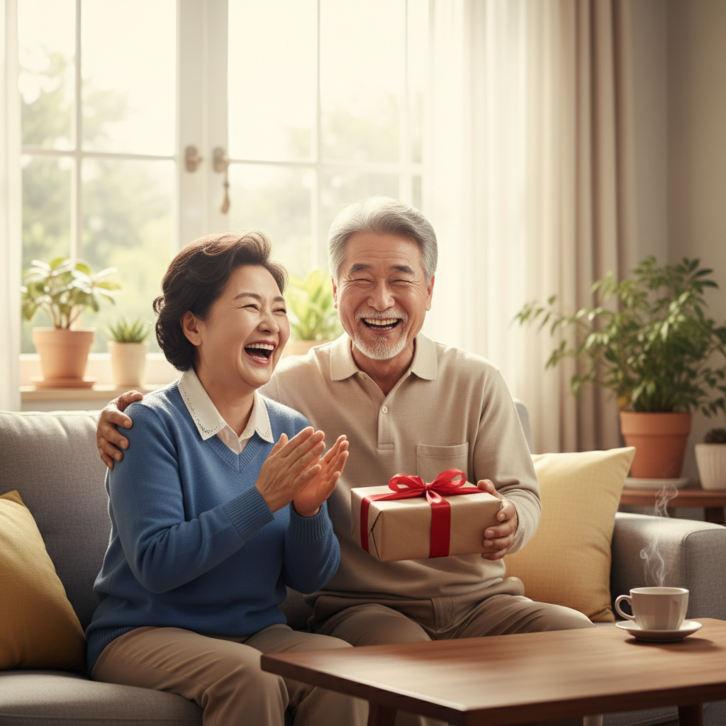 부모님이 선물을 받고 웃는 모습