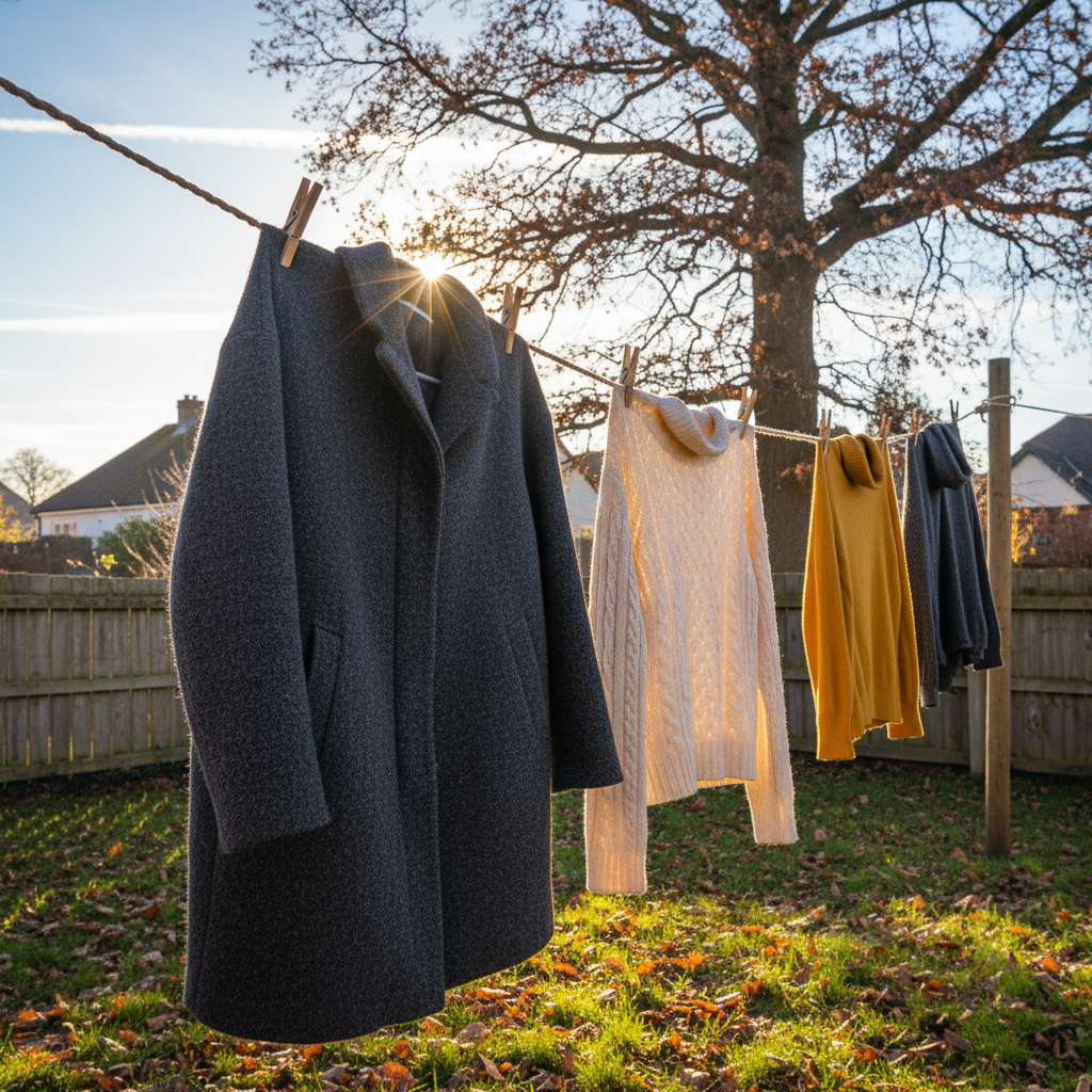 세탁 후 햇볕 아래 말리는 겨울 코트와 니트