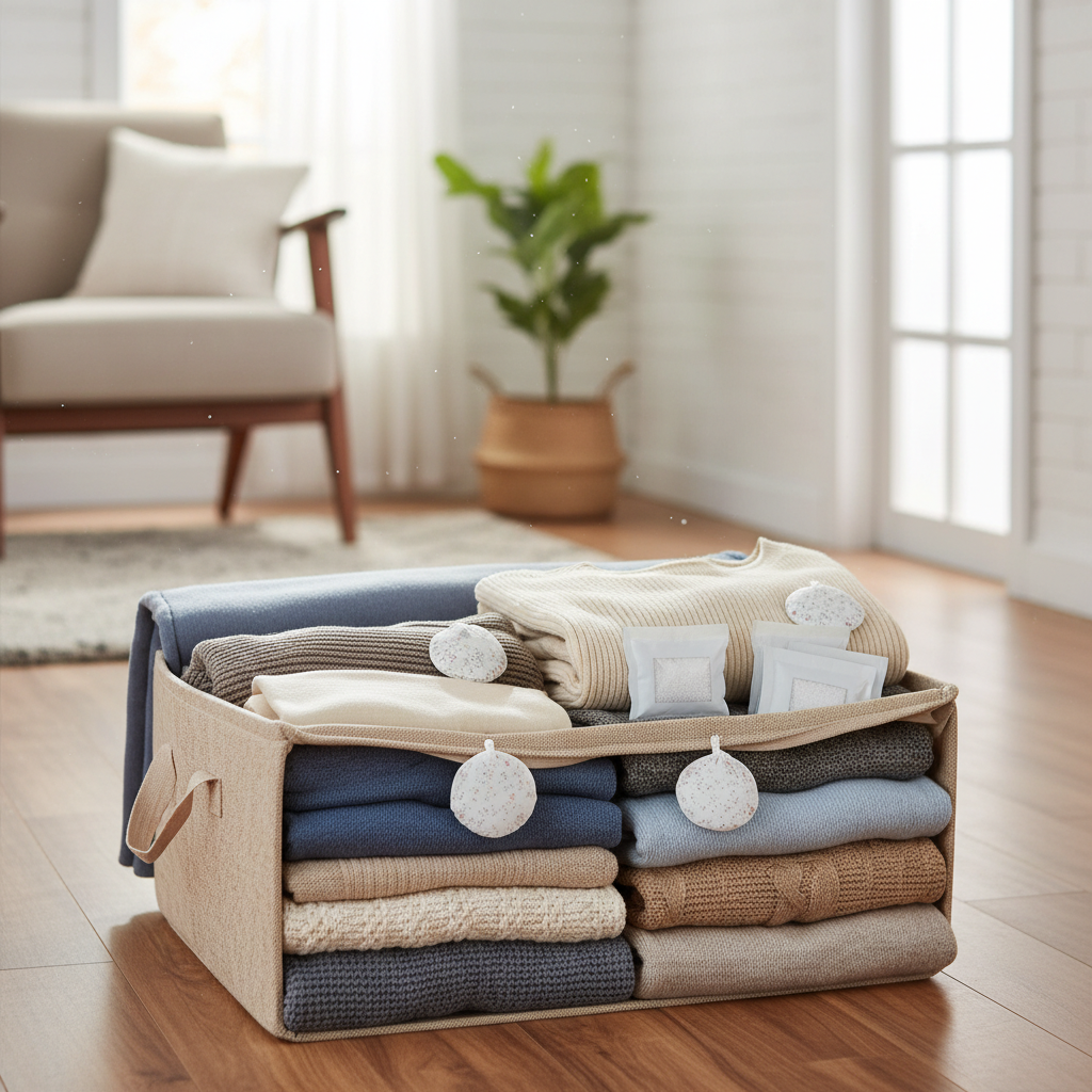 수납박스 안 정돈된 겨울 옷과 방충제, 습기 제거제