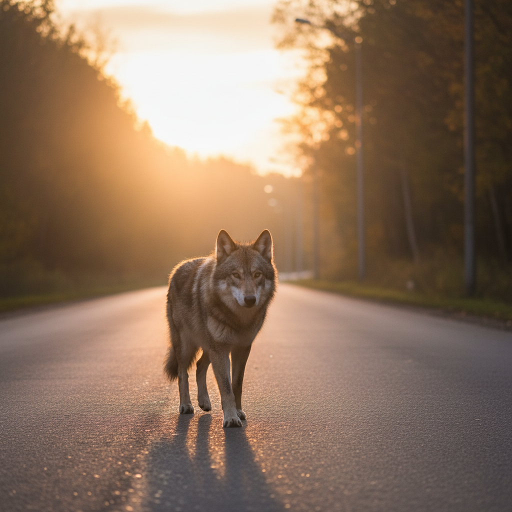 야간 도로를 걷는 늑구의 목격 영상 장면