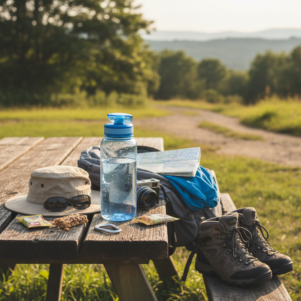 물병과 모자를 챙긴 야외 활동 준비 장면