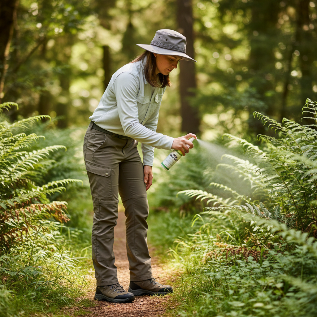 긴팔 긴바지 착용하고 진드기 기피제를 사용하는 모습