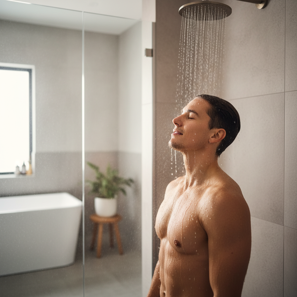따뜻한 물로 샤워하는 운동 후 회복 장면