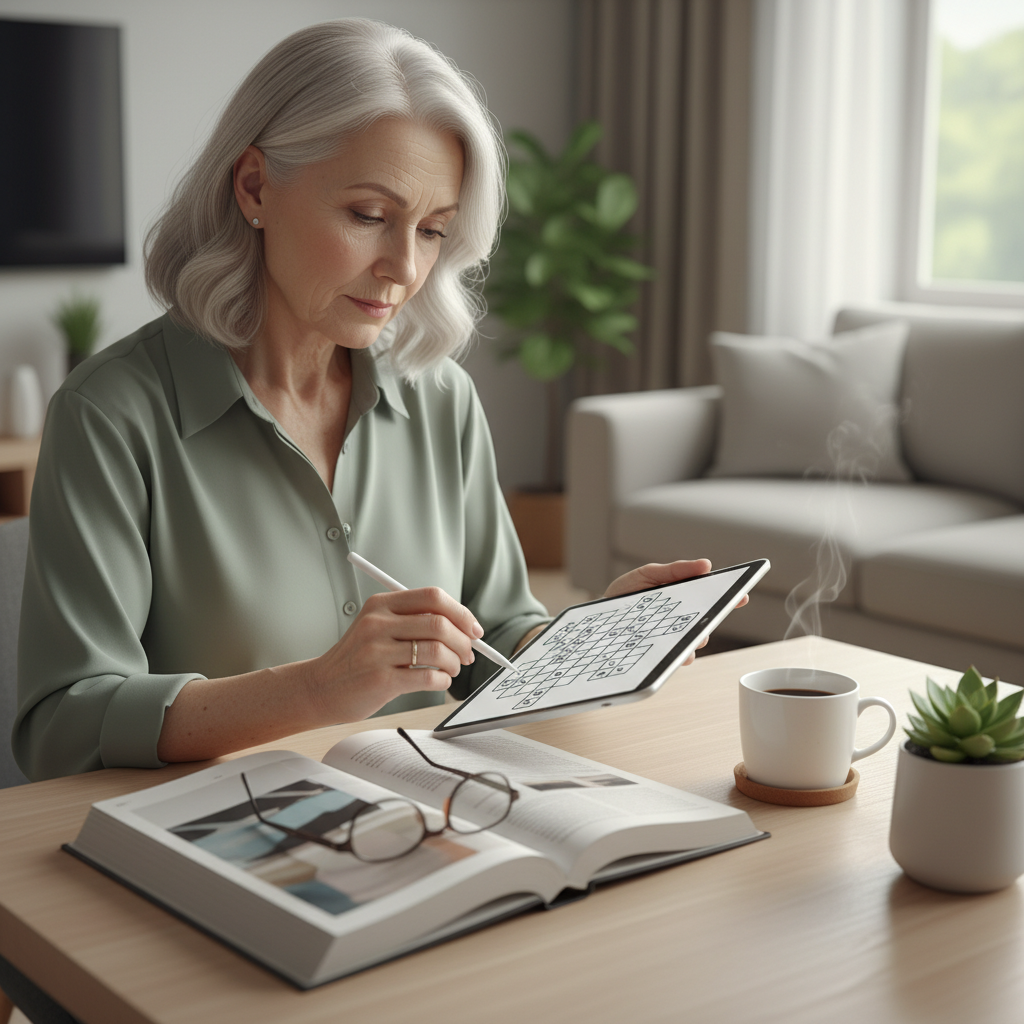 책상 앞에서 숫자 퍼즐을 풀고 있는 실버 독자의 모습