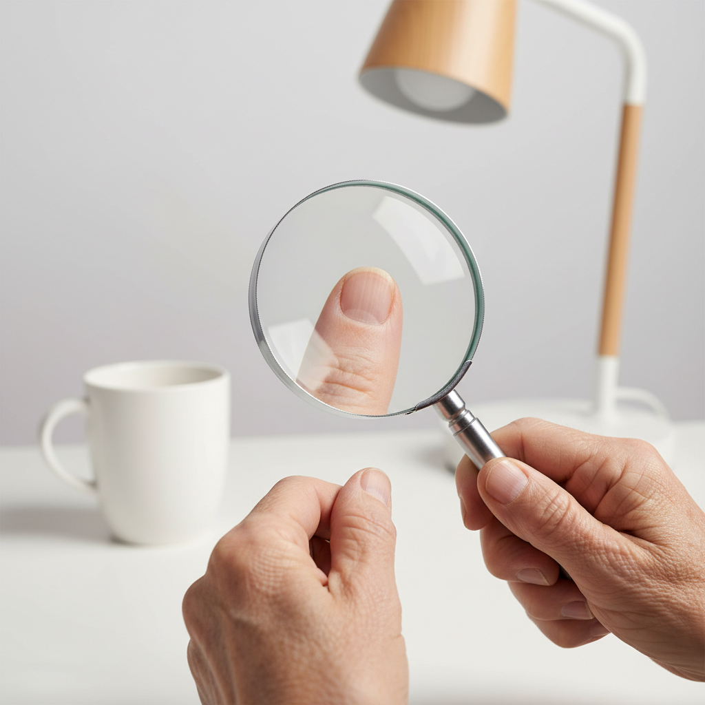 손톱을 자세히 들여다보는 어르신 손 모습