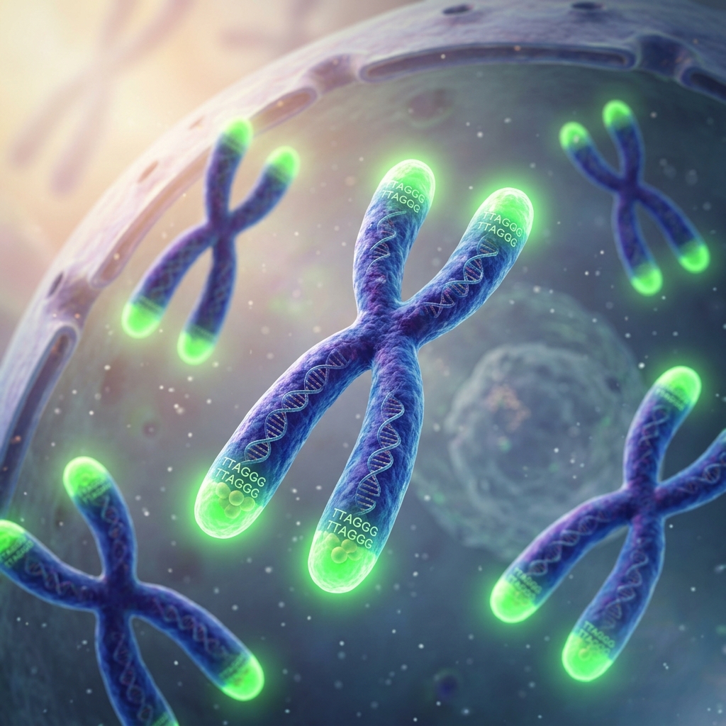 염색체 끝단 텔로미어 구조를 보여주는 생명과학 장면