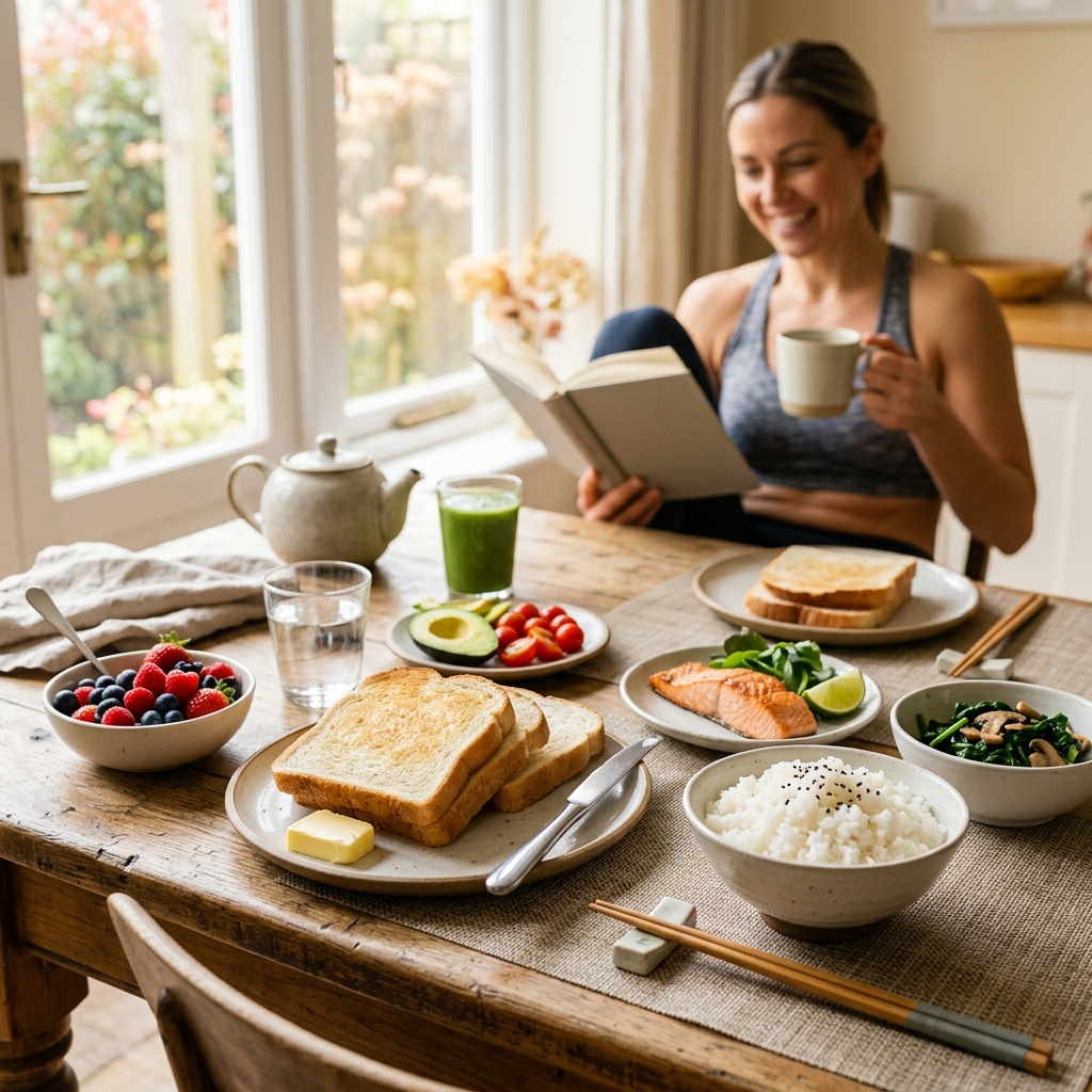 흰빵과 흰쌀밥 등 정제 탄수화물 식품들이 놓인 식탁