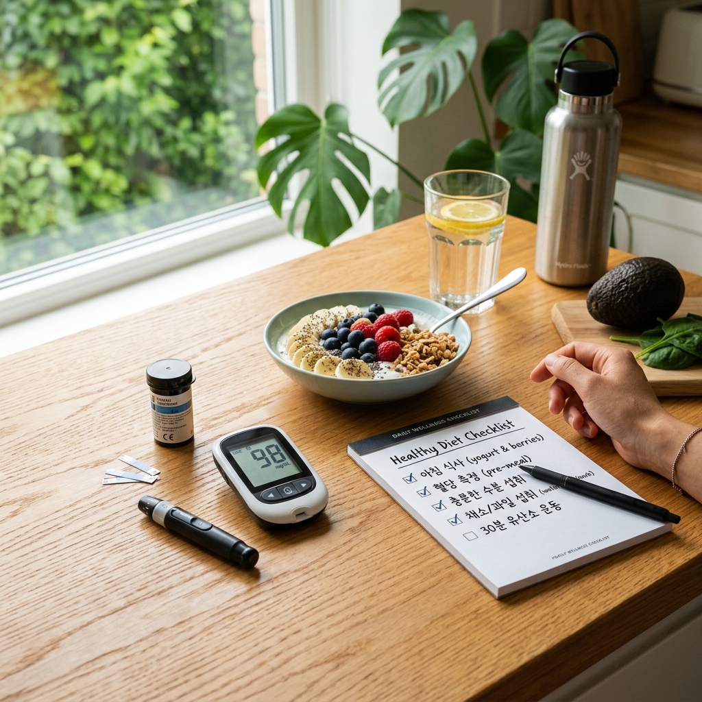 혈당 측정기와 건강한 식단 체크리스트