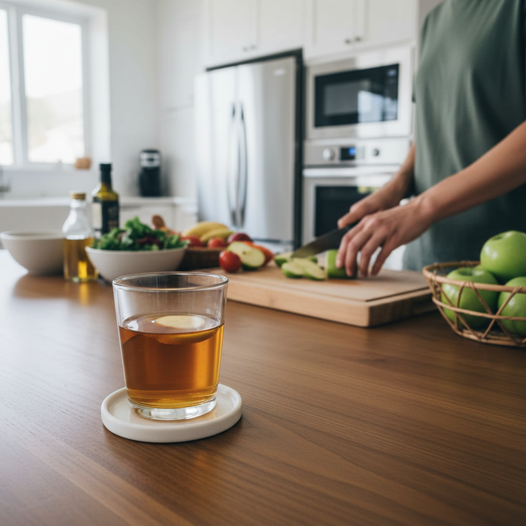 식탁 위에 놓인 사과초모식초 한 잔과 식사 준비 장면