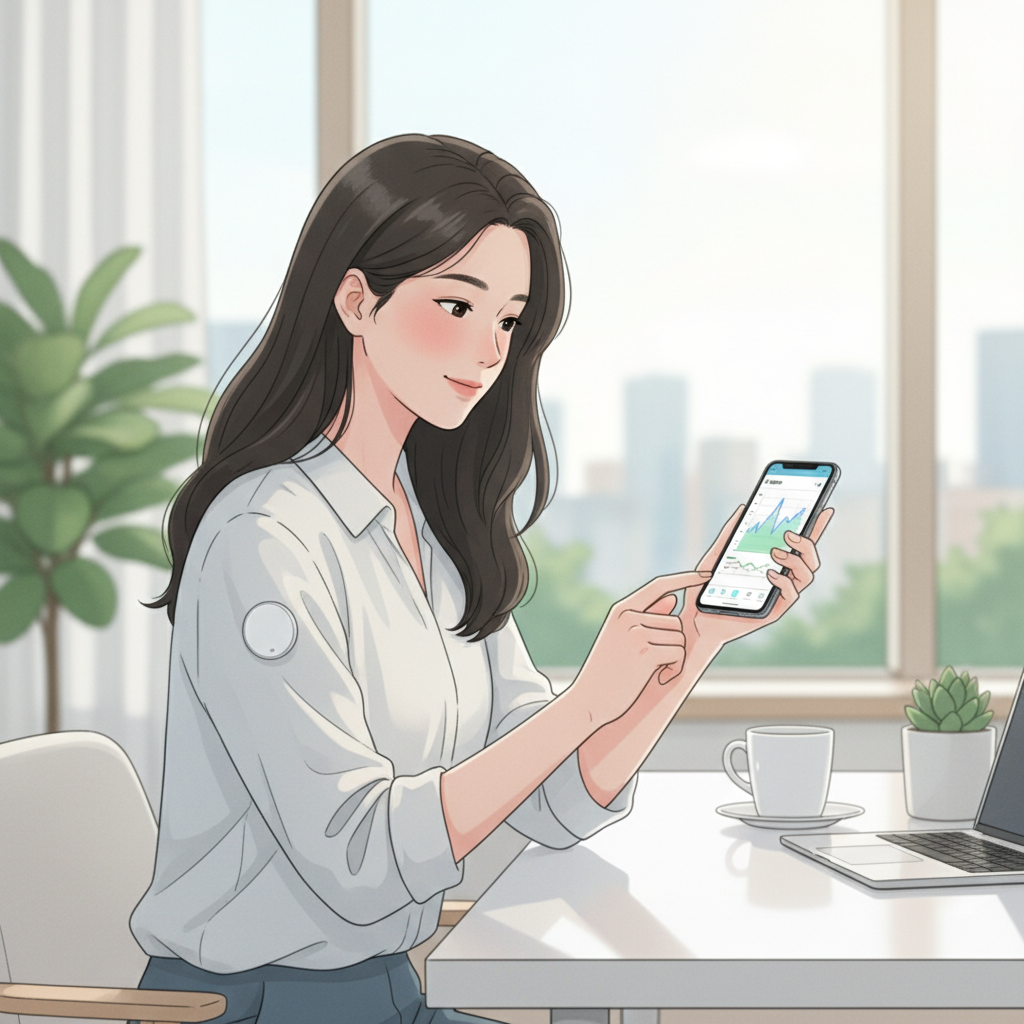 상완에 연속혈당측정기 센서를 부착한 한국인 여성이 스마트폰으로 혈당 그래프를 확인하는 장면