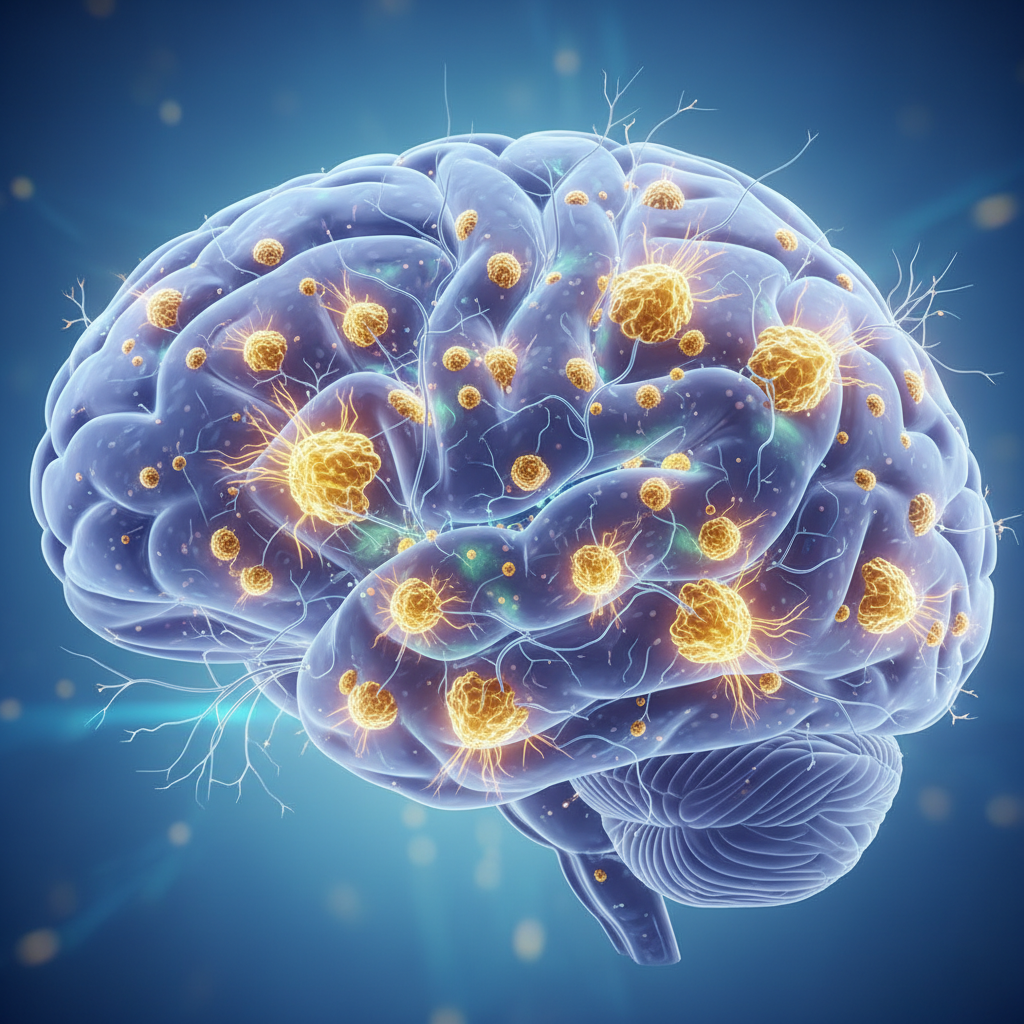 뇌 속 아밀로이드 플라크가 쌓여있는 모습을 보여주는 의학 이미지