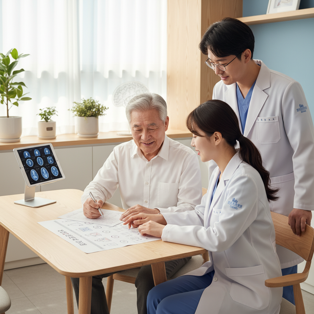 병원에서 한국인 노인이 의료진과 함께 치매 검진 검사지를 작성하는 장면
