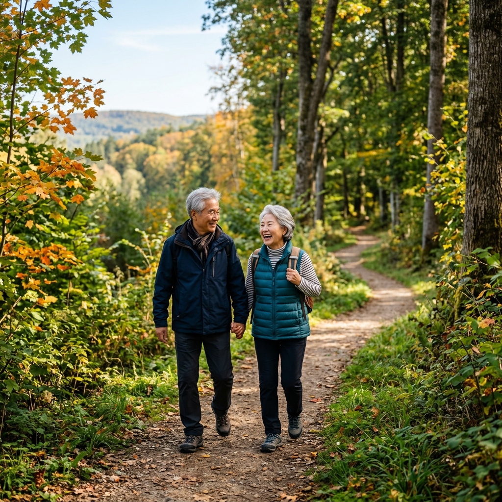 자연 속에서 걷는 실버 세대의 모습