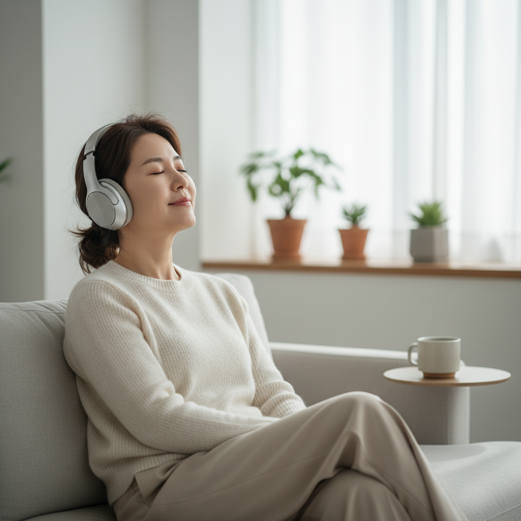 헤드폰을 쓰고 편안하게 눈을 감고 있는 한국인 중년 여성의 모습