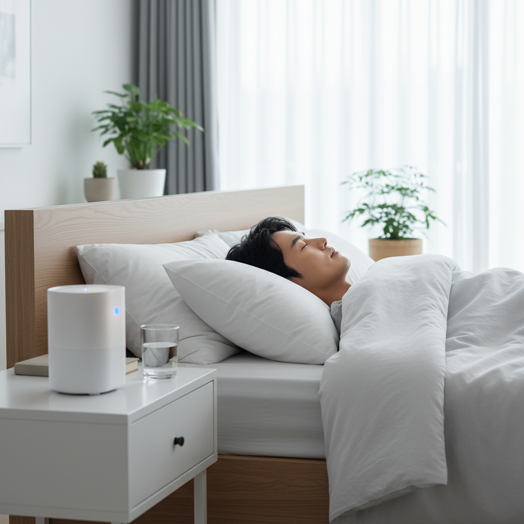 침대 옆 탁자 위에 놓인 소형 백색 소음 기기와 편안하게 잠든 한국인 남성의 모습