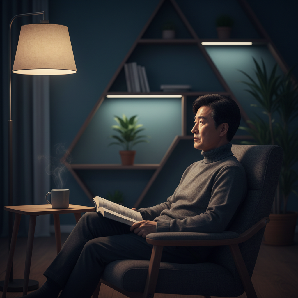 어두운 조명 아래 편안하게 앉아 있는 50대 한국인의 모습