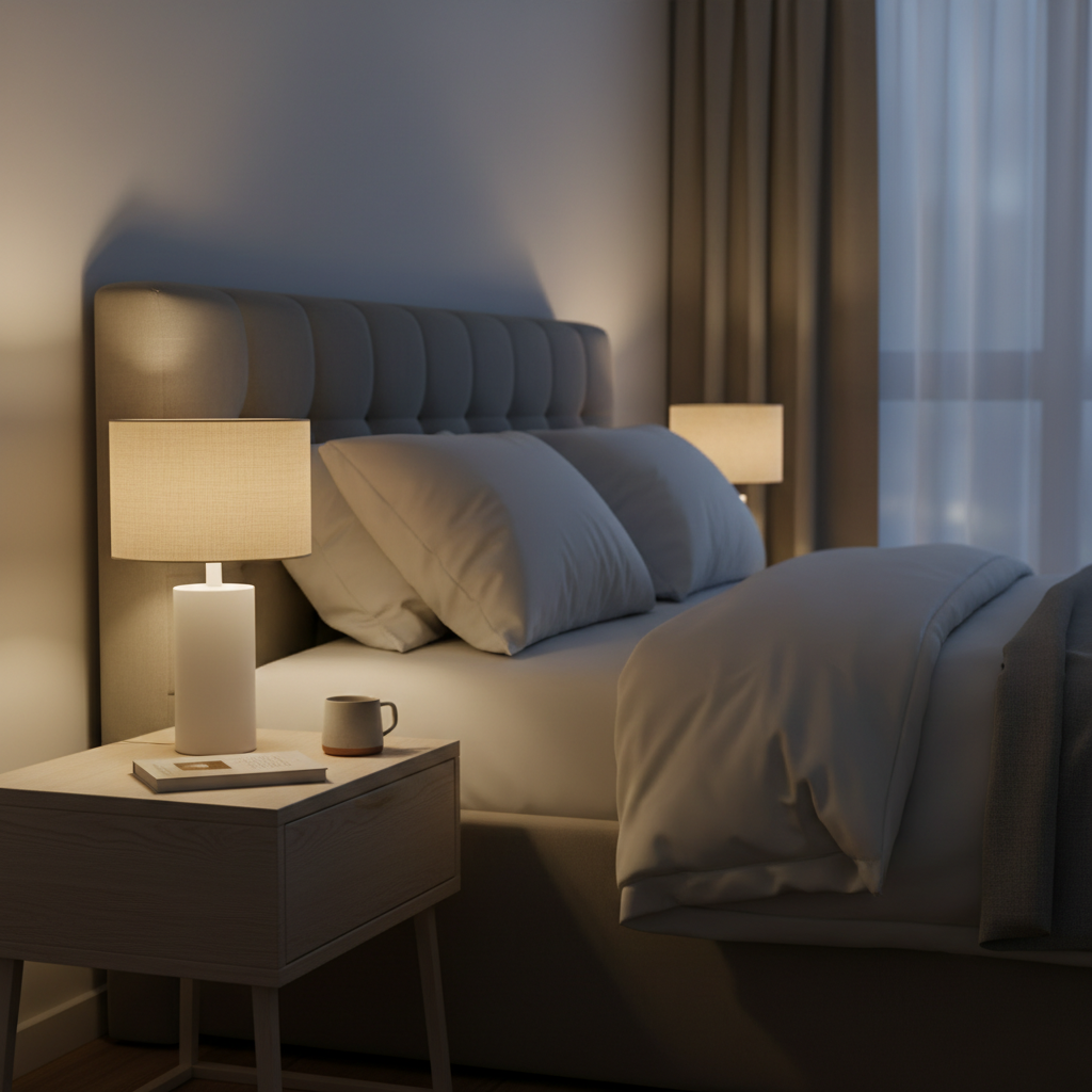침실 스탠드 조명을 낮은 밝기로 설정한 장면