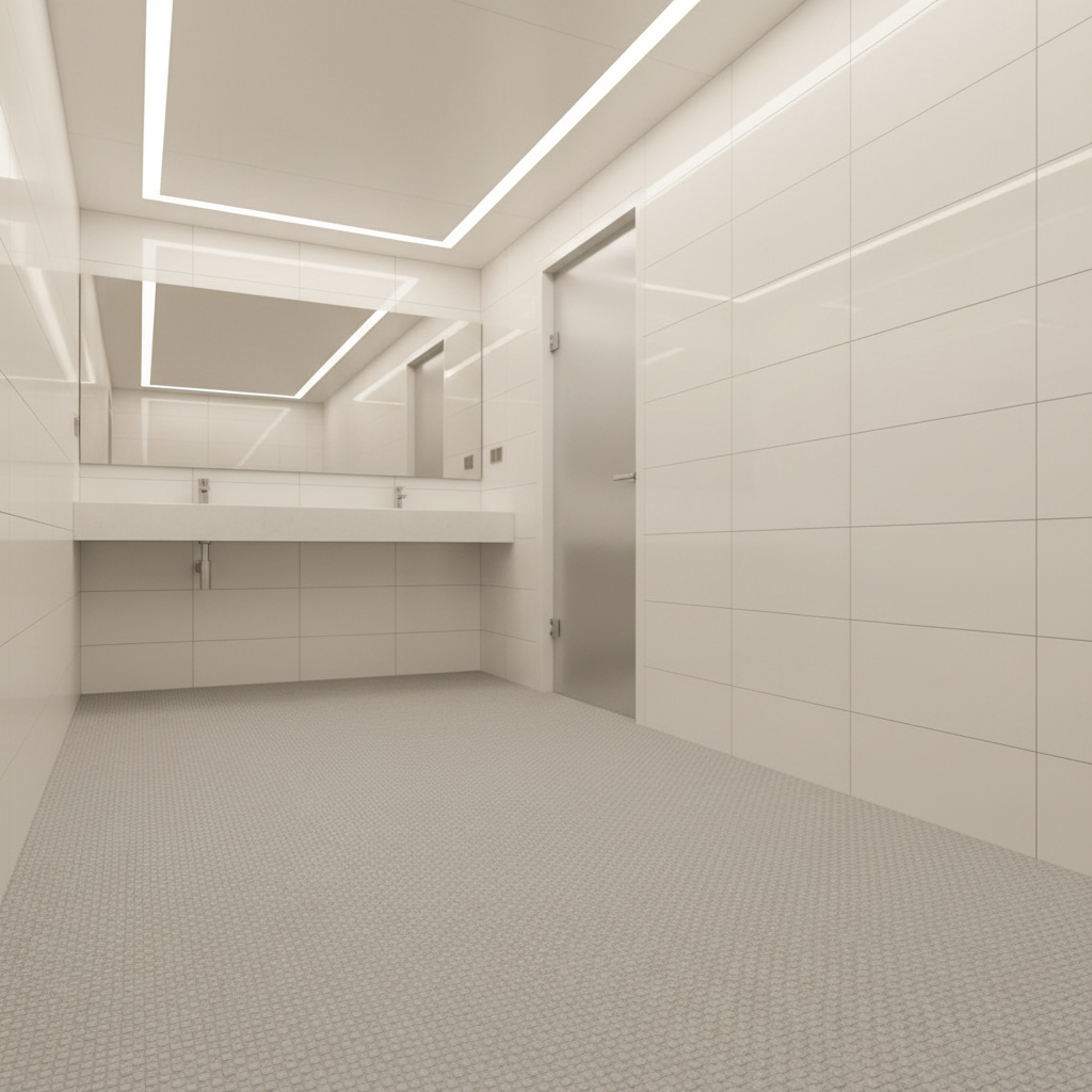 바닥에 미끄럼 방지 매트가 깔린 화장실 또는 복도 조명이 밝게 켜진 실내 모습