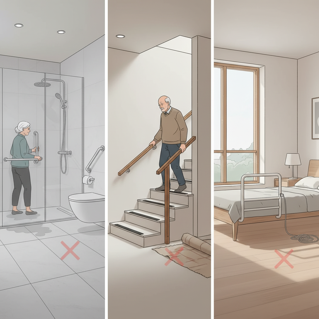 집 안 낙상 위험 장소와 안전 손잡이 설치 예시