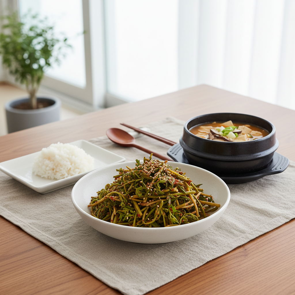 봄나물 무침과 된장국이 함께 차려진 식탁