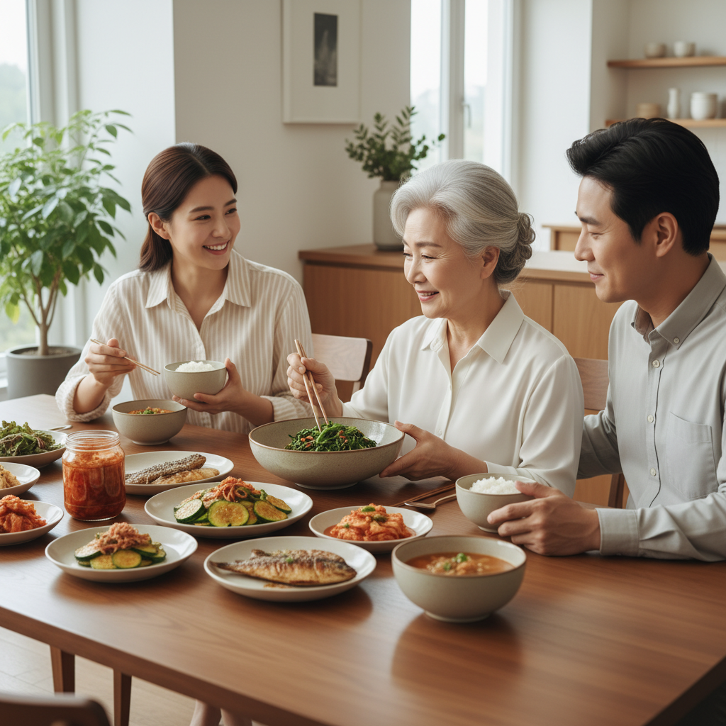 실버세대가 나물 반찬을 먼저 집어 먹는 식사 장면