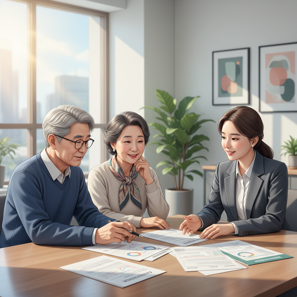 요양원 입소 상담 중 서류를 확인하는 한국인 노부부와 상담사의 모습