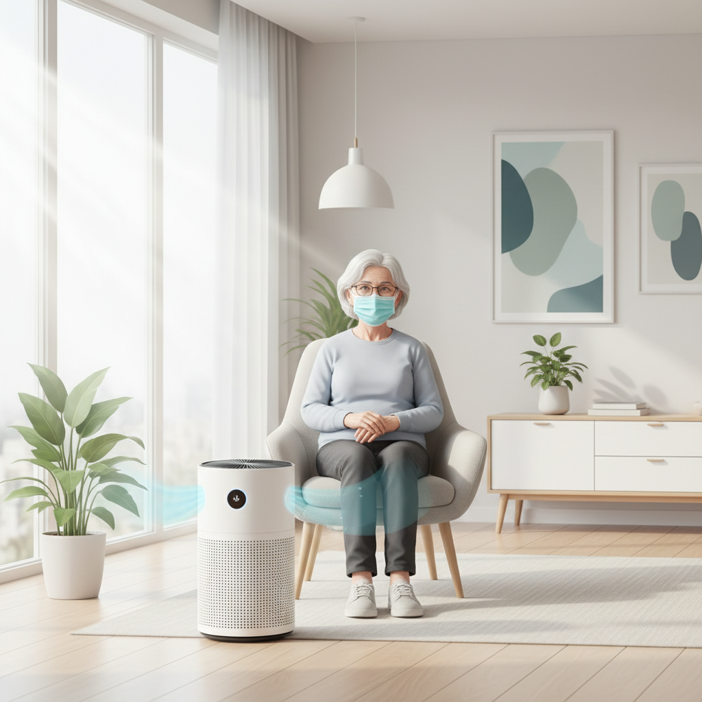 마스크를 착용한 노인이 실내에서 공기청정기 앞에 앉아 있는 모습