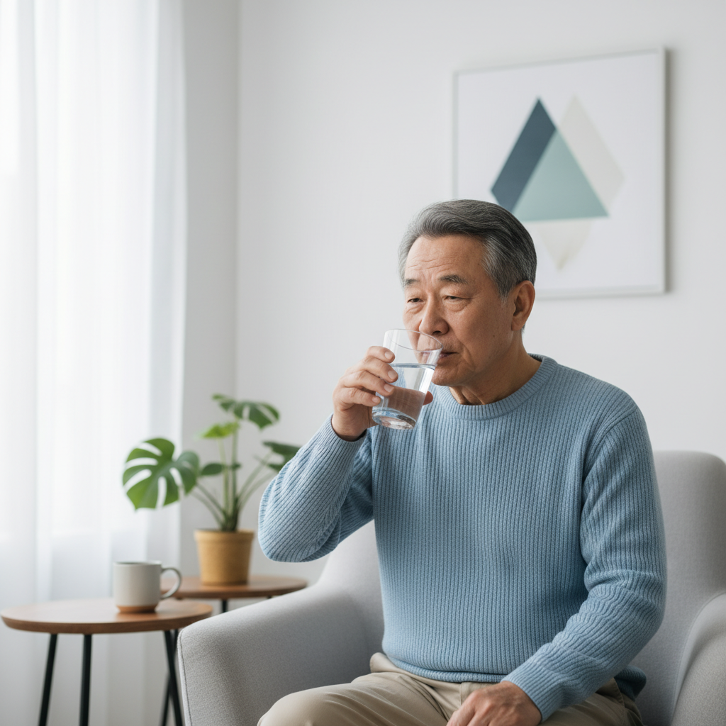 노인이 실내에서 물을 마시고 있는 장면
