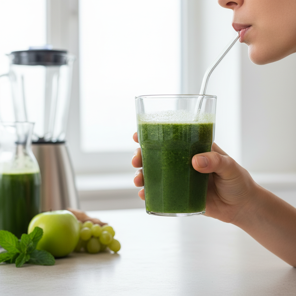 완성된 건강주스를 유리컵에 따라 마시는 모습
