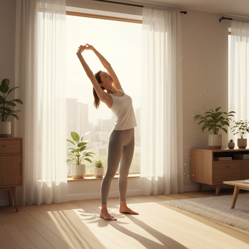 아침 창가에서 햇빛을 받으며 스트레칭하는 장면
