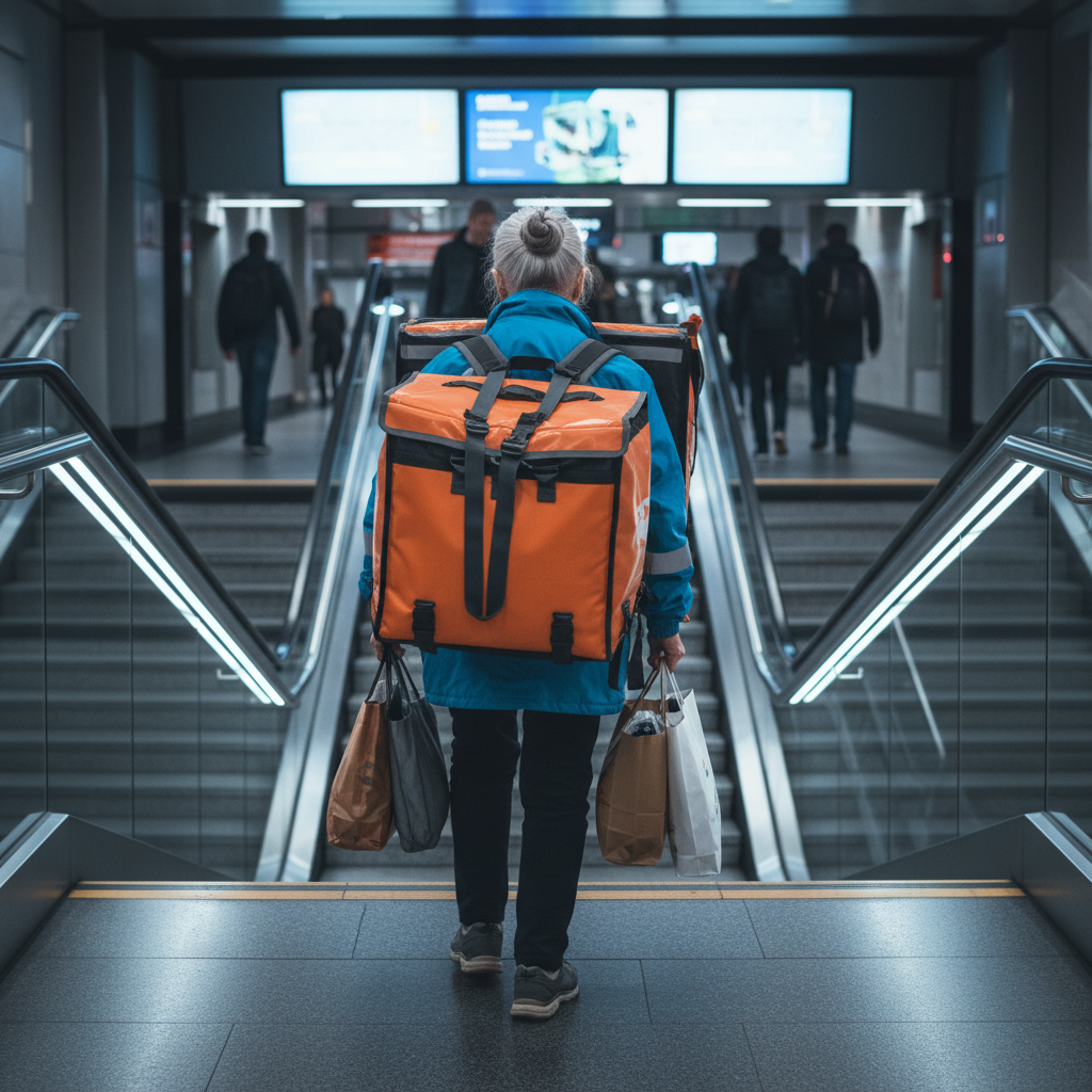 지하철 계단에서 무거운 짐을 든 실버 배달원의 뒷모습