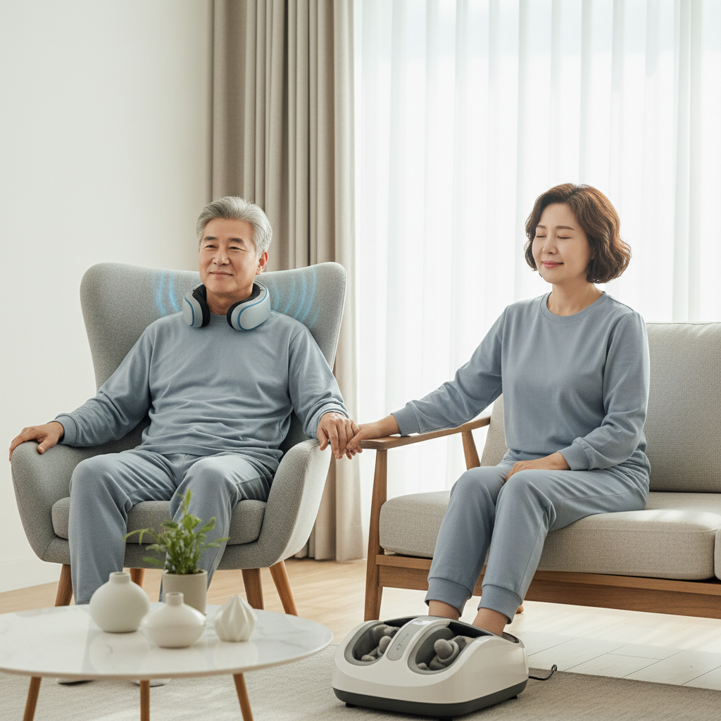 안마기를 사용하는 60대 한국인 부부의 편안한 모습
