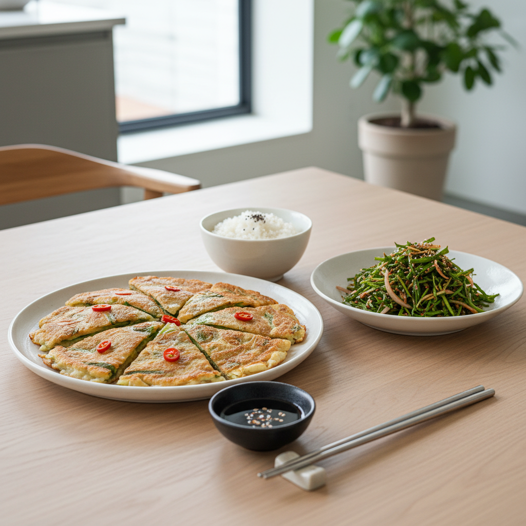 부추전이나 부추무침이 담긴 밥상 풍경