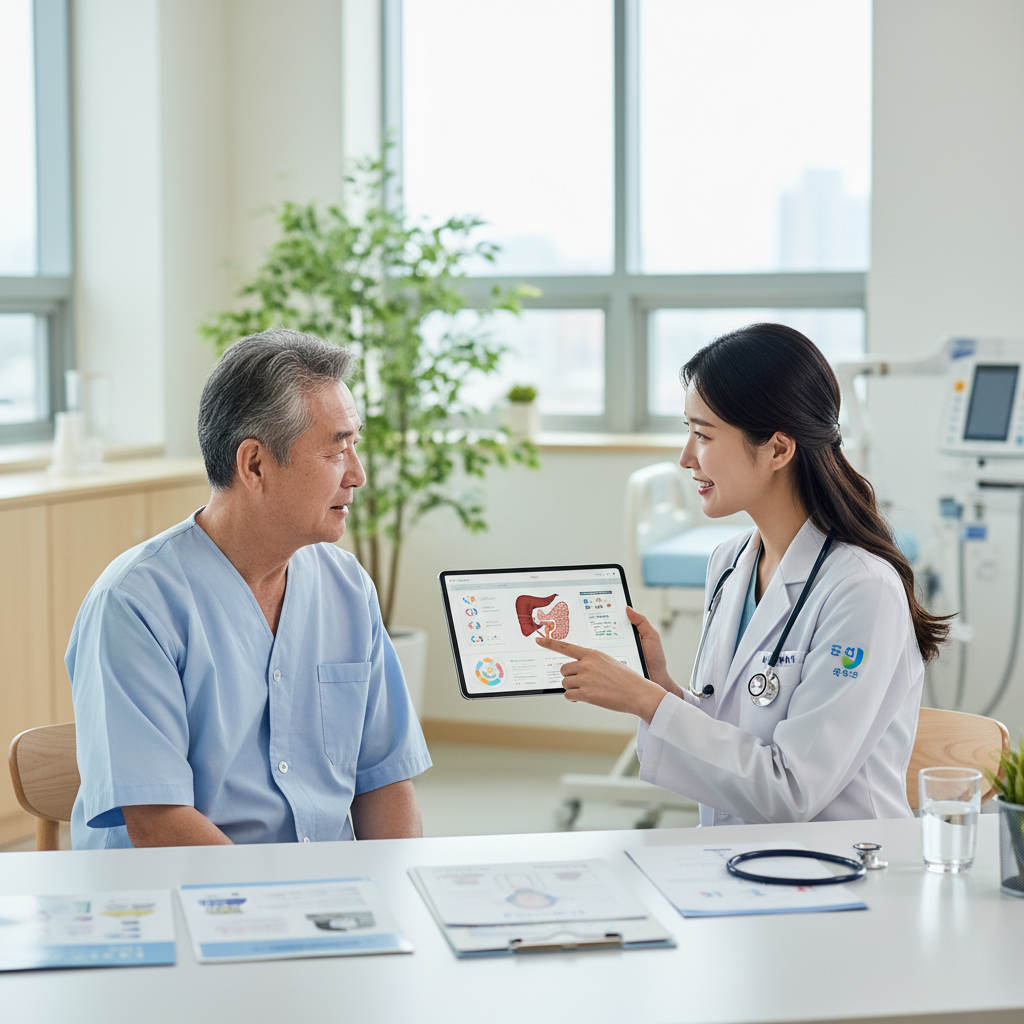 70대 어르신이 병원에서 건강검진 설명을 듣는 장면