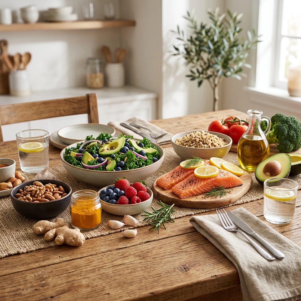 항염증 식품이 담긴 식탁 장면