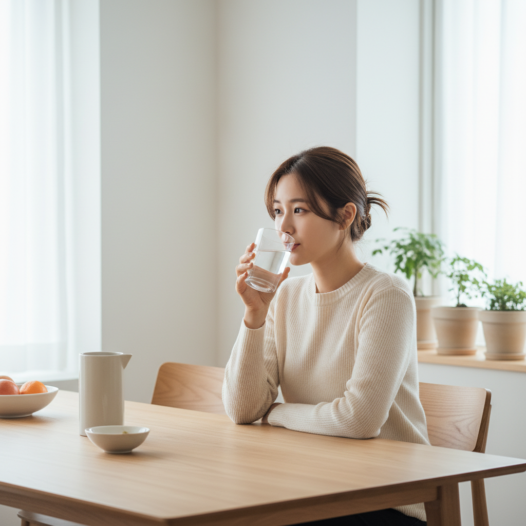 식탁 앞에서 물 한 잔을 마시고 있는 한국인 여성의 모습